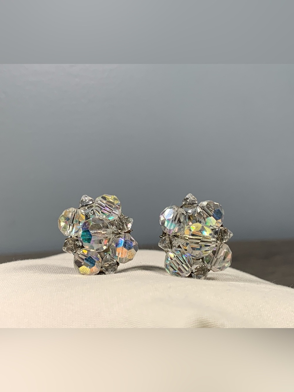 Vintage Beaded Cluster AB Iridescent Clip On Earrings Clear